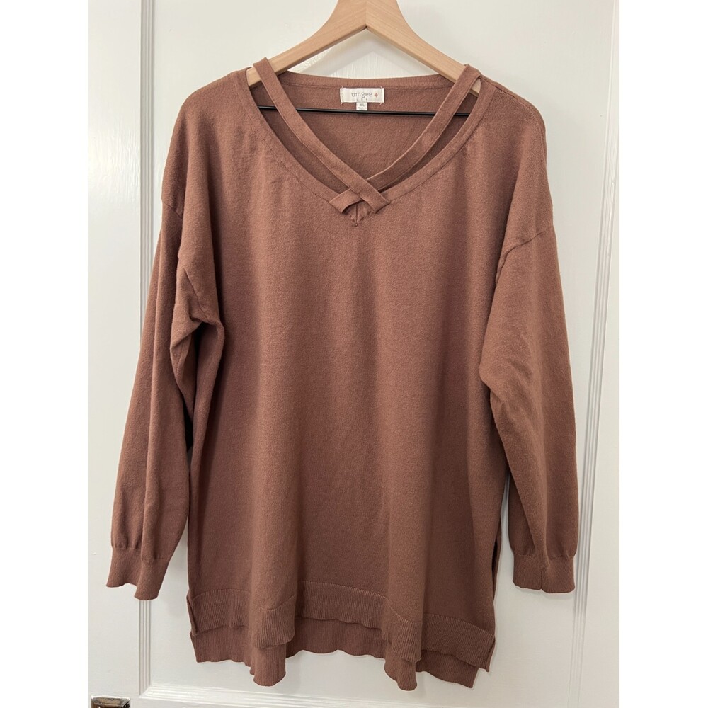 Umgee Plus Brown Long Sleeve Sweater with Criss Cross Detail Women's 1XL